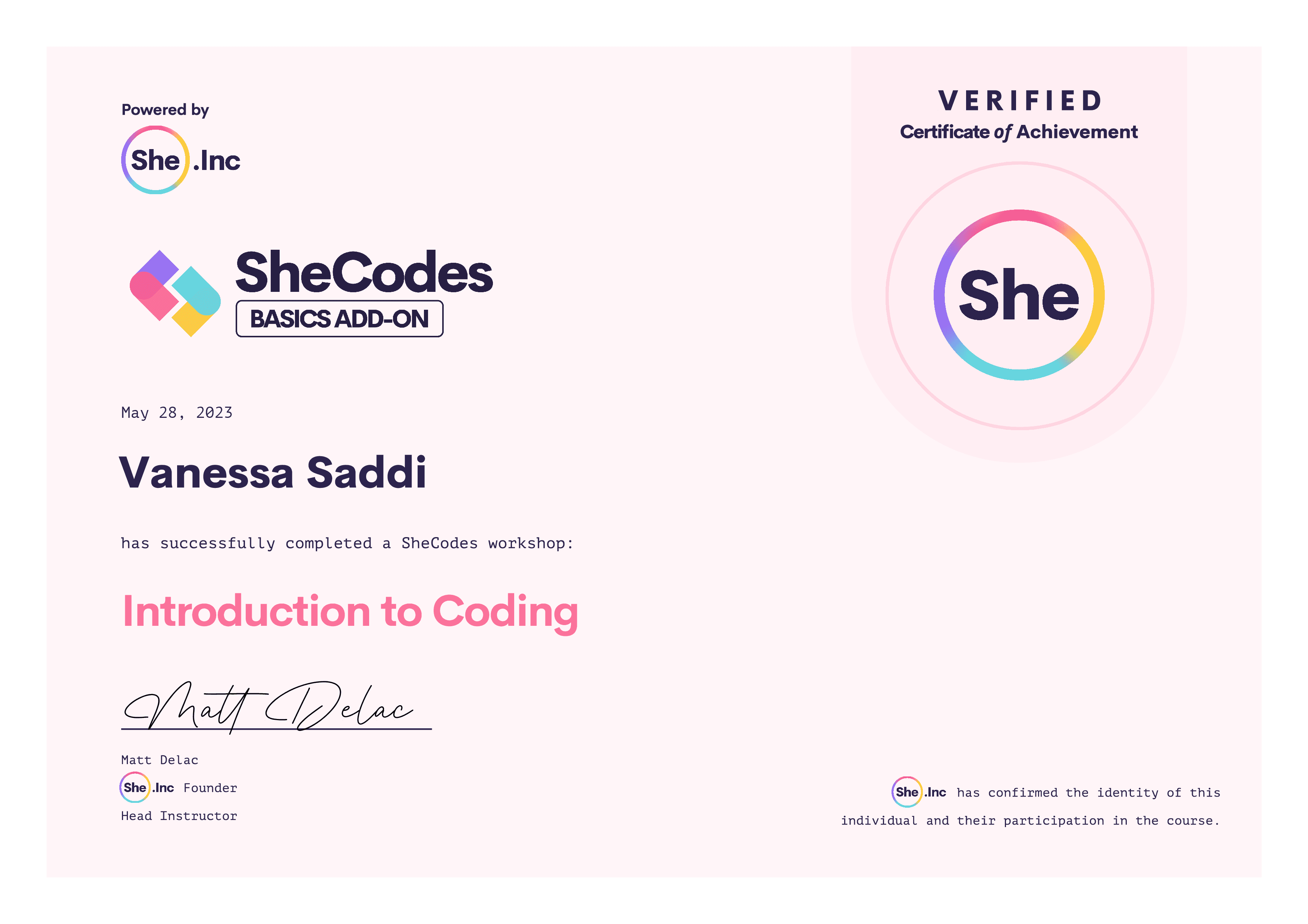 SheCodes Basics Add-on certificate