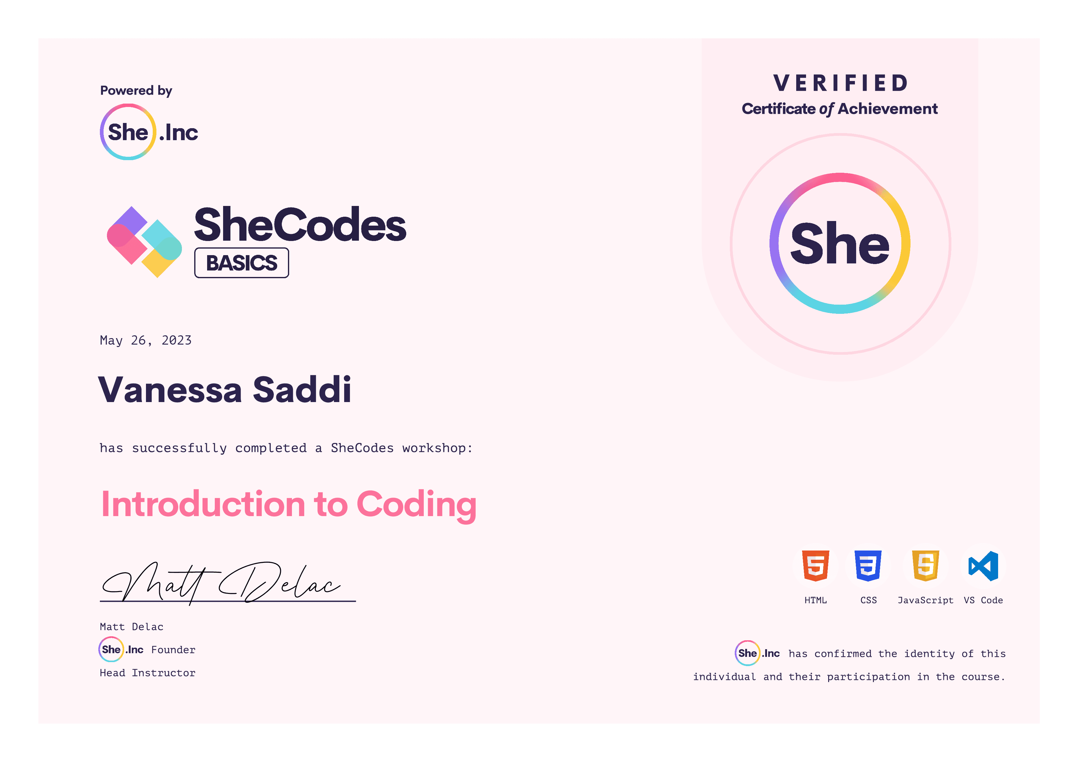 SheCodes Basics certificate