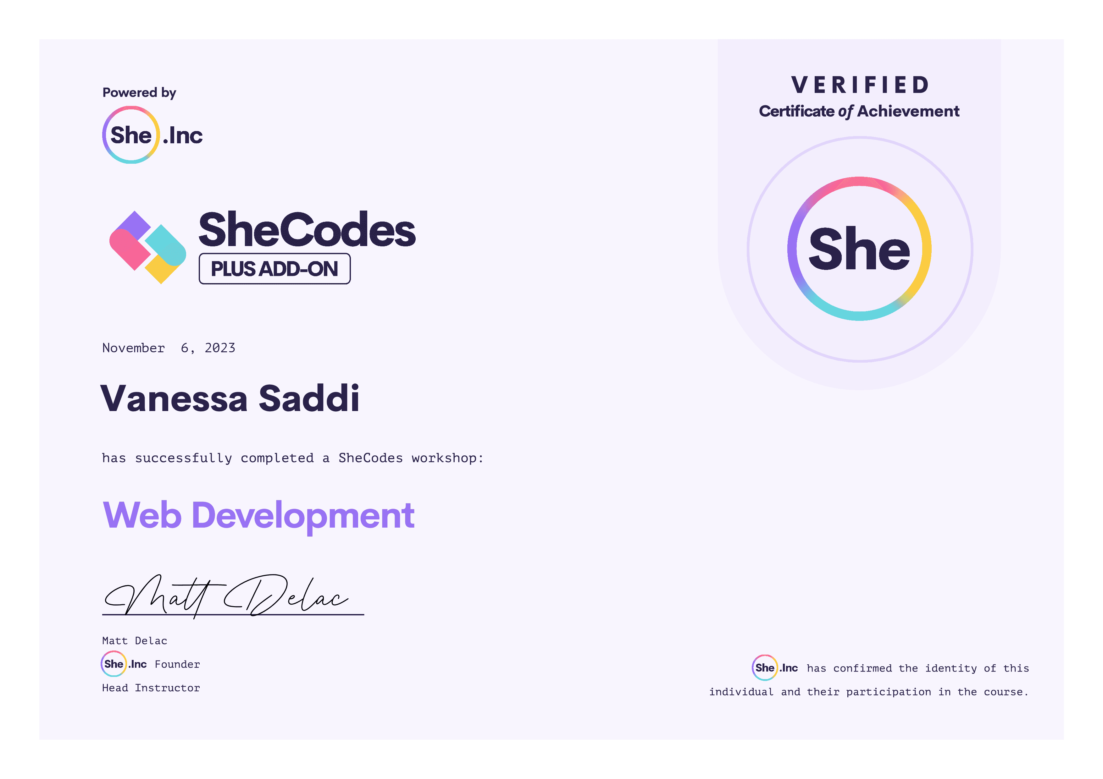 SheCodes Plus Add-on certificate