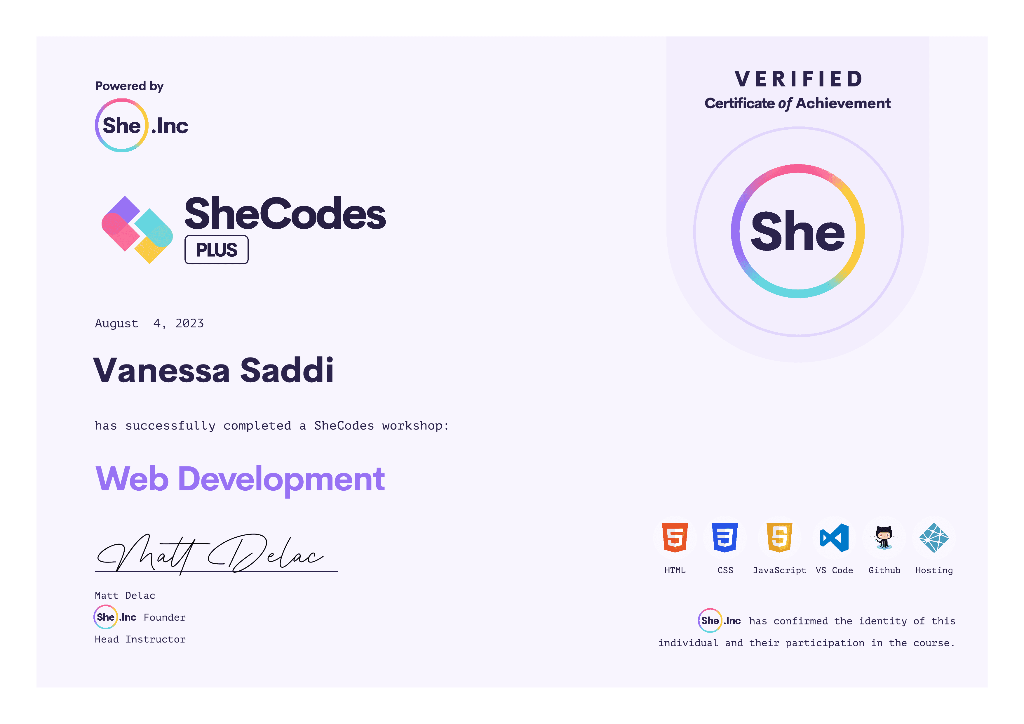 SheCodes Plus certificate