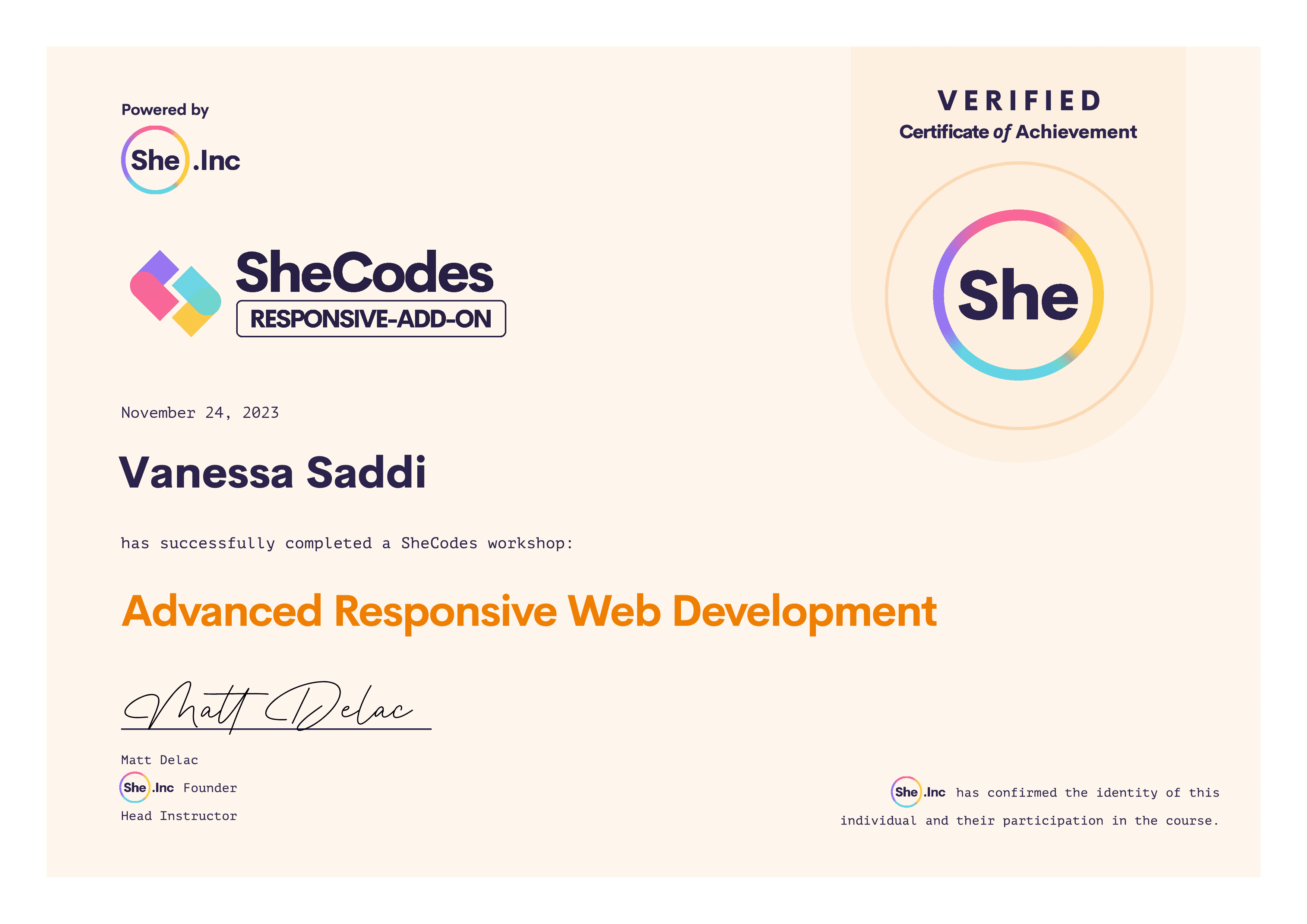 SheCodes Responsive Add-on certificate