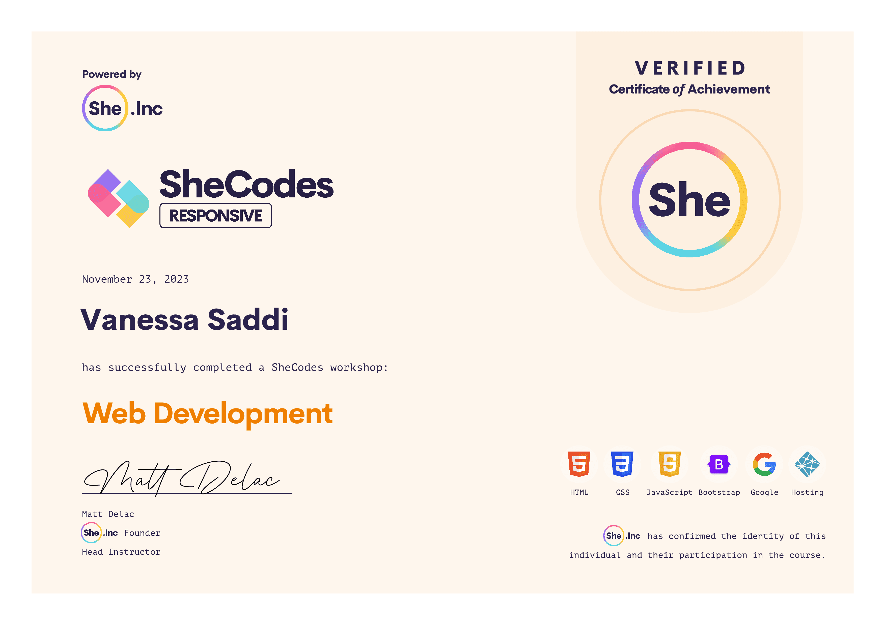 SheCodes Responsive certificate